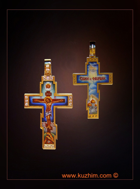 Золотой крест православный с горячей эмалью