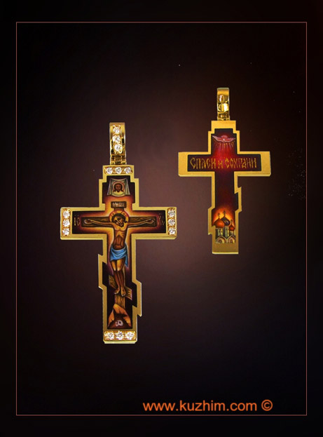 Золотой женский крест с камнями и эмалью
