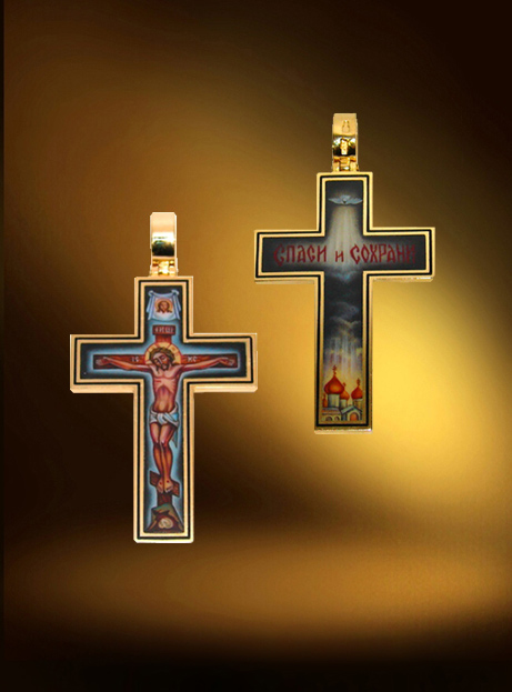 Мужской православный крест из золота с эмалью.