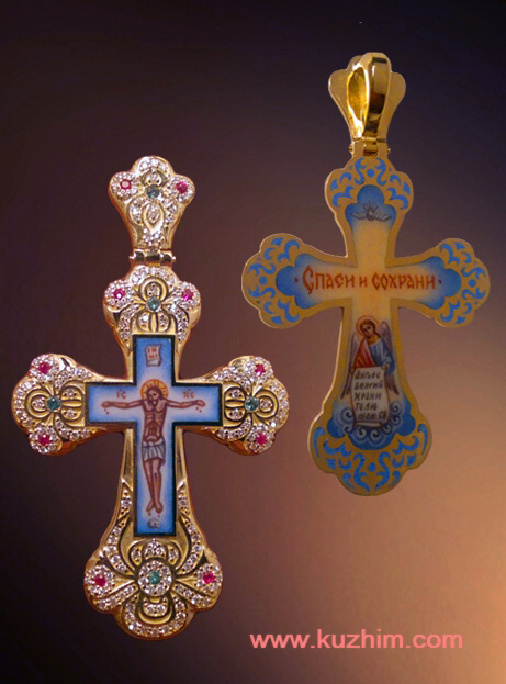 Золотой крестик женский, эмаль, бриллианты