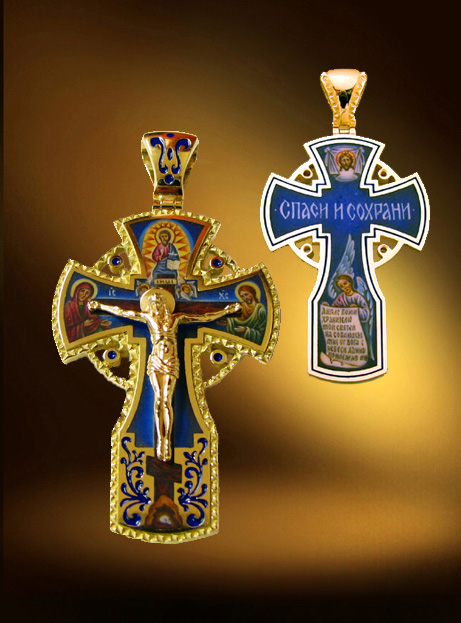 Золотой нательный  крест с росписью по эмали.